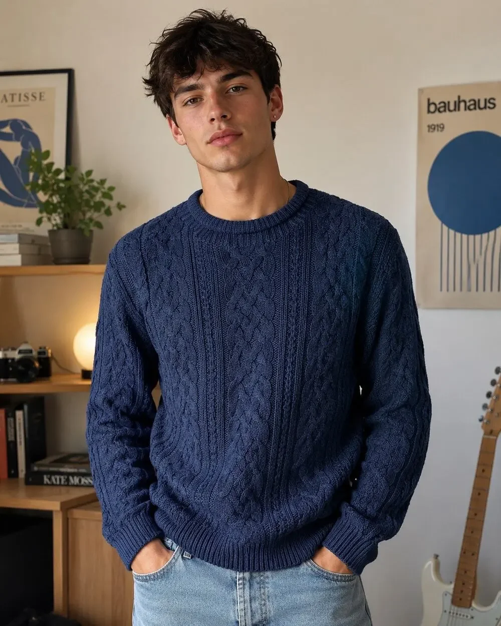 Roll Neck Unisex Ramie Cotton Navy Blue Long Sweater Large